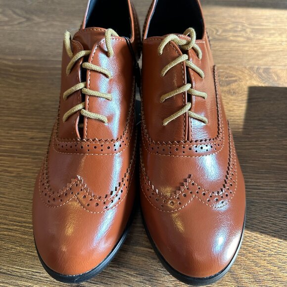 BNIB Odema Brown Brogue Lace Up‎ Oxford Tip Chunky Heels Leather Shoes - Size 8 - Picture 3 of 9